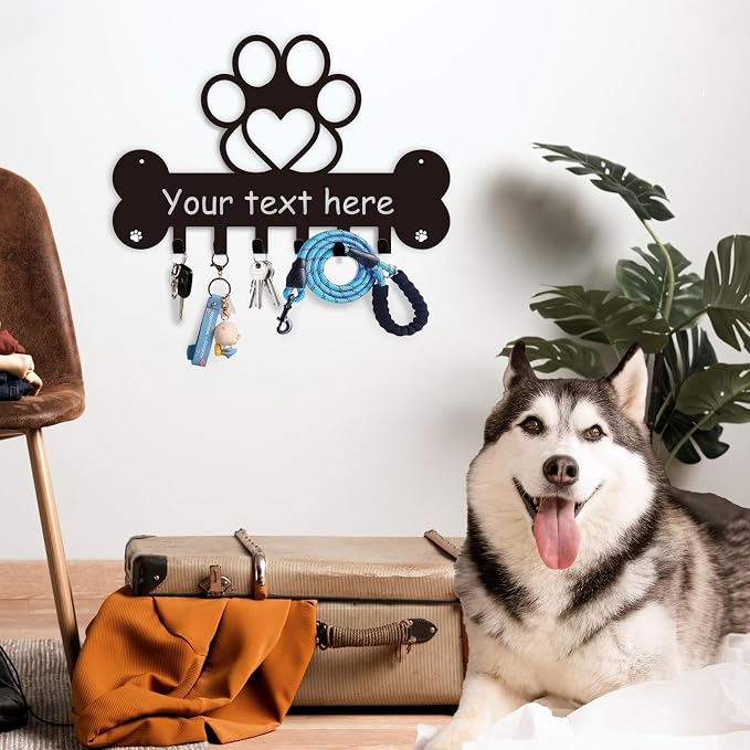 Personalized Wall Mount Dog Leash Holder, Organizer with Bone & Paw Design, Unique Metal Key Holder, Dog Decor Gift