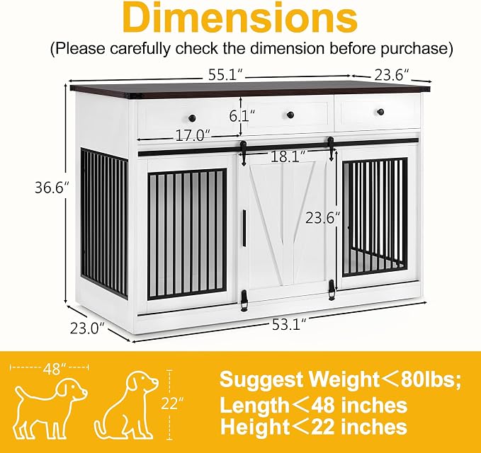 Lovupet Dog Crate Furniture, Wooden Large Dog Kennel with Barn Door and 3 Drawers, 55.1 inches Length Pet Crate Indoor, GC55