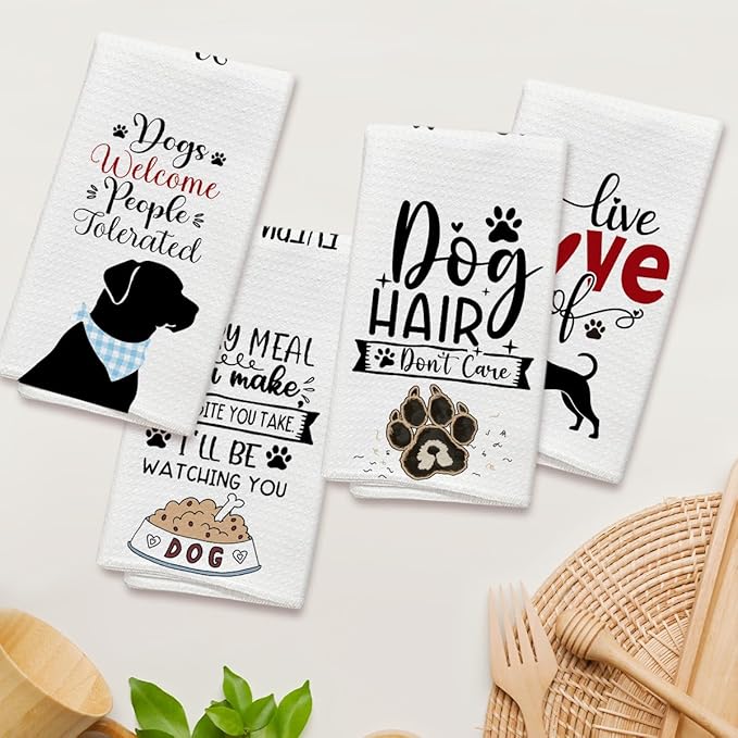 Dogs Welcome People Tolerated Kitchen Towels and Dishcloths Set of 4, Funny Decorative Hand Towel Drying Cloth for Bathroom, Gifts for Dog Lovers, Hostess, Women, 16x24 Inches -09