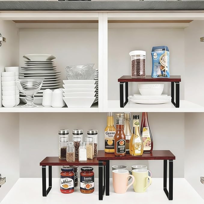 2 Pack Expandable Cabinet Shelf, Wood & Metal (Brown) | 2pack expandable cabinet shelf organizer 11.8-23.2 wood&metal 35lbs brown kitchen pantry spice rack stackable