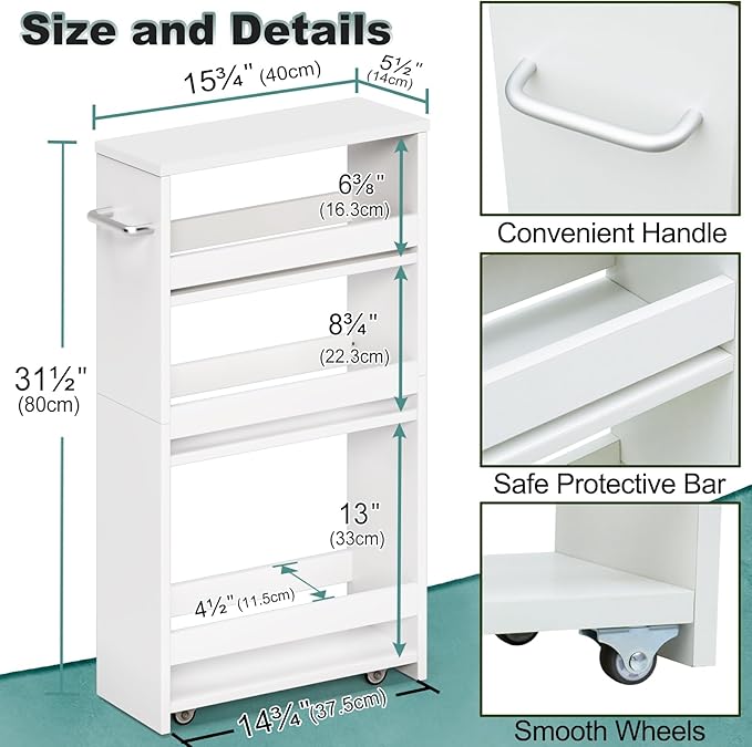 MARTY Slim Rolling Storage Cart, Wood Utility Kitchen Bathroom Laundry Cart | 4 Tier Kitchen Cart with Wheels Handle, Laundry Room Organization, Narrow Bathroom Storage Cabinet, 5.5" Wide Storage Trolley