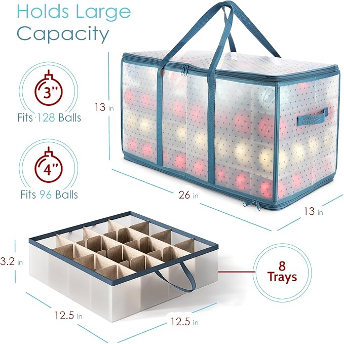 Hearth & Harbor Large Christmas Ornament Storage Box With Adjustable Dividers - Plastic Ornament Storage Container For 128 Holiday Ornaments or Decorations