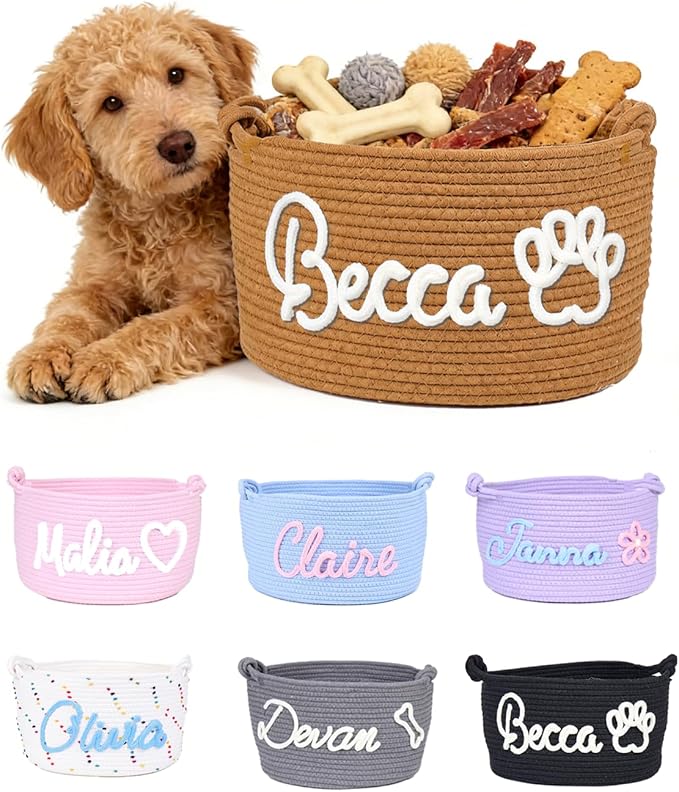 Personalized Dog Cat Toy Basket w/ Embroidery Name, Puppy Storage Bins | Customized Kitten Cute Handmade Cotton Rope Organizer for Snacks, Pet Supplies, Easter Birthday Gifts Basket for Pets