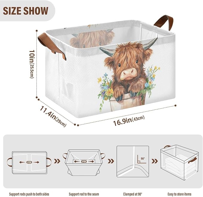 Cute Highland Cow in Flower Pot Storage Bins for Shelves with Labels&Handles Fabric Organizer Bin Foldable Rectangle Storage Basket Boxes for Closet, Bathroom, Home, Living Room, 2 Pack