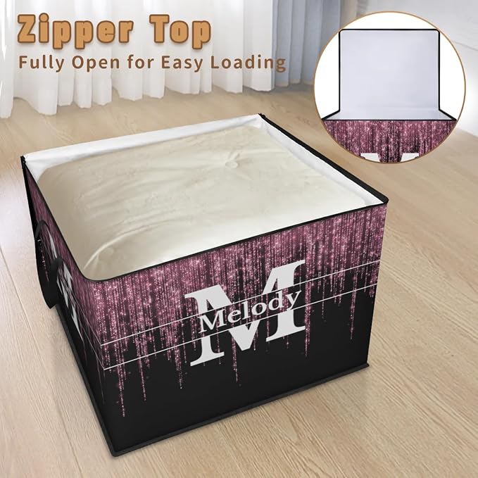 Personalized Name Large Storage Basket with Lid, Initial Letter Canvas Storage Bins Quilt Clothes Organizer for Bedroom, Nursery, Shelves, Closets, Pink Glittering Romantic with Black