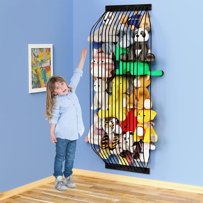 Stuffed Animal Storage Wooden Soft Toy Storage for Kids Room，Wall Mount Door Hanging Stuffed Animal Toy Organizer Shelf for Nursery Play Room Black -Patent