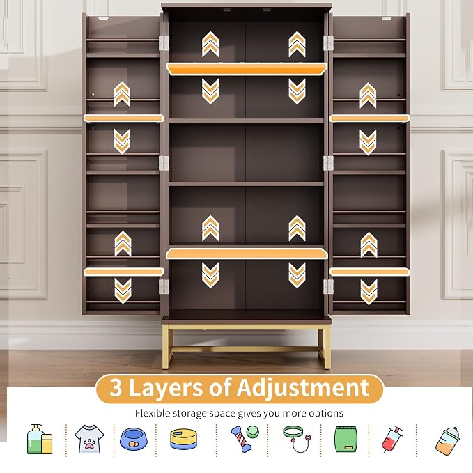 Saudism 51" Dog Food Storage Cabinet with Adjustable Shelves, Walnut | Freestanding Pet Storage Container Organizer for Living Room and Dinning Room