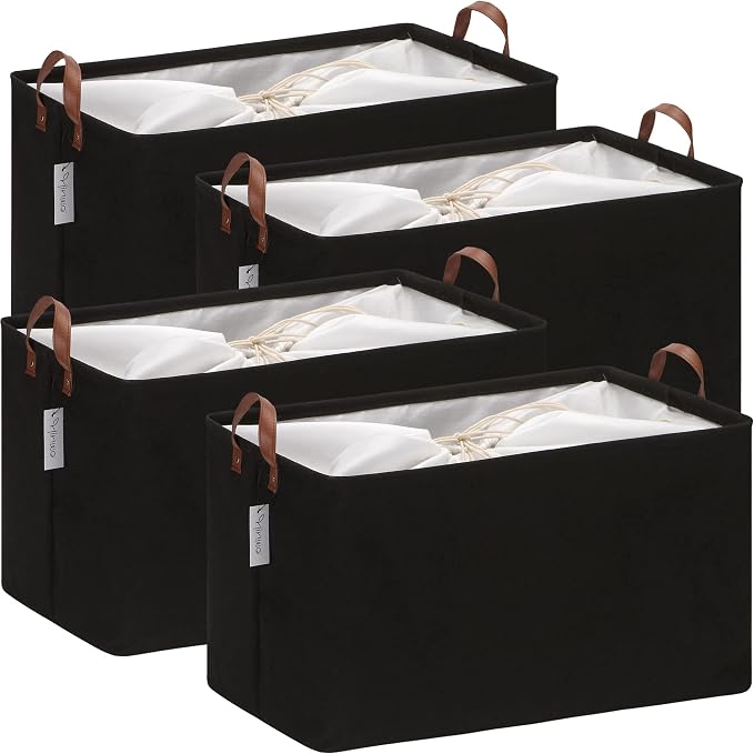 Hinwo 70L Extra Large Canvas Storage Bin with Lid and Handles, 4-Pack | Collapsible Fabric Baskets, Closet Shelf Organizers, Containers for Clothing, Blankets, Toys, Bedding (Black)