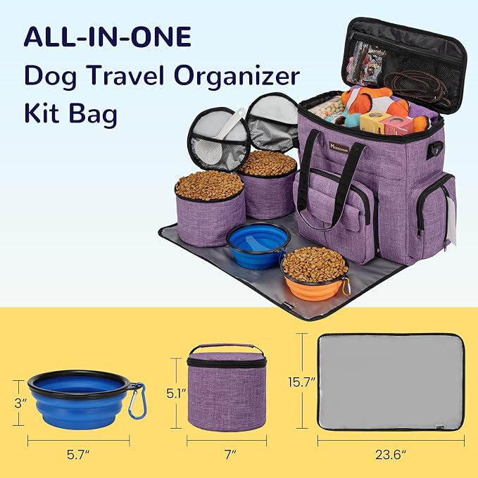 Modoker Dog Travel Organizer Carriers for Supplies & Accessories, Airline Approved Cat Pet Travel Bag, 2 Collapsible Bowls, 2 Travel Dog Food Container, Purple | Dog travel accessories set with feeding supplies, bowls, mat, and strap. Ideal for weekend...