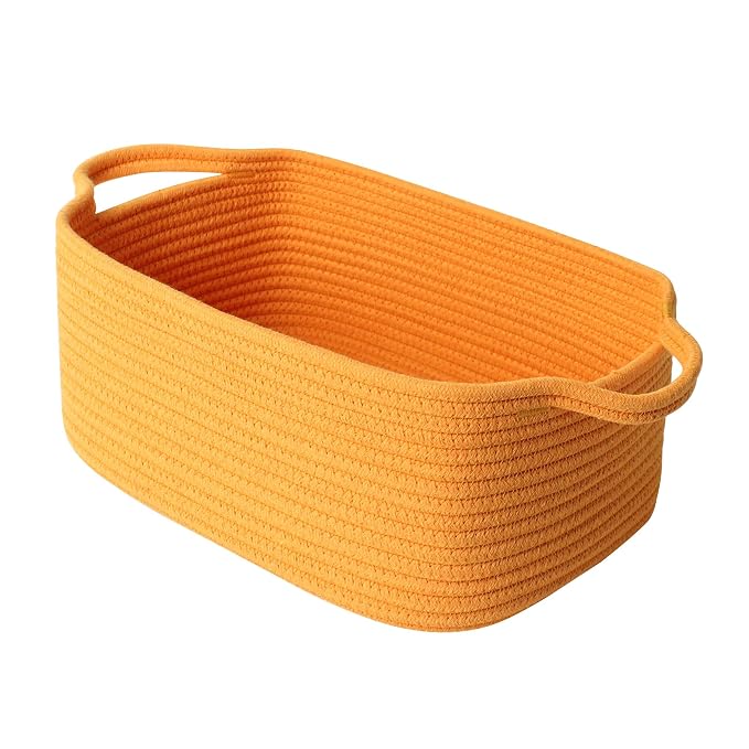 MEGASKET Orange Woven Basket, 13.5" x 10" x 6" Baskets for Gifts Empty, Cute Cotton Rope Cat Dog Toy Bin Box, Small Woven Bin for Organizing, Orange Room Decor, Nursery Cloth Diaper Storage Organizer
