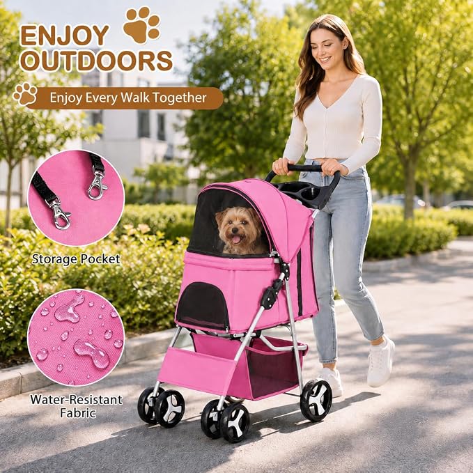 Pet Stroller 4 Wheels Dog Cat Stroller for Small Medium Dog Cats Carrier Jogger Travel Foldable Puppy with Storage Basket and Cup Holder (Pink)