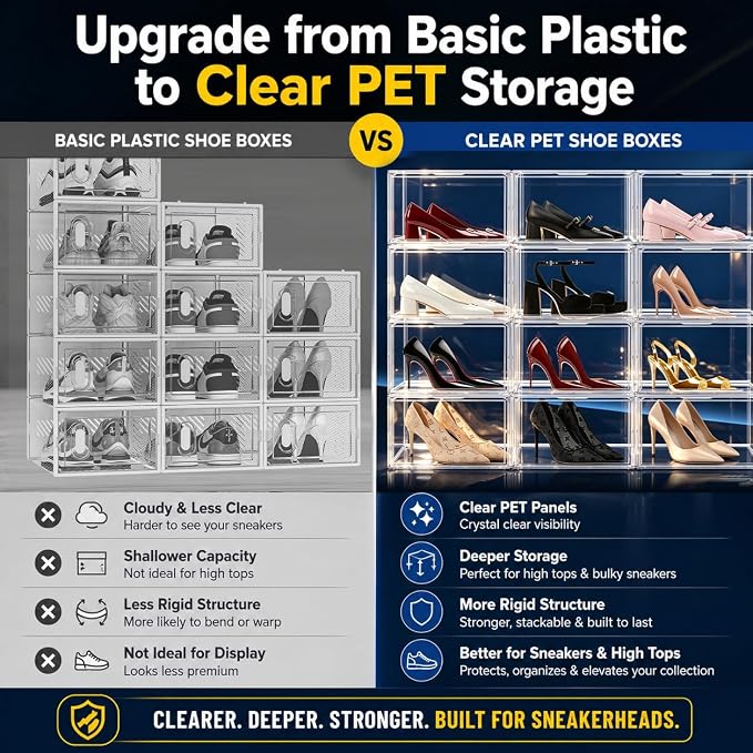 12 Pack Clear Acrylic Shoe Boxes, Wide Magnetic Door Shoe Organizer Size 12 | clear storage boxes for daily shoes, flats, low-top sneakers and closet storage,13.4 x 10.3 x 7.6 in