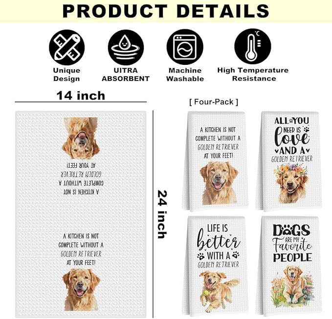 4Pcs Golden Retriever Dog Kitchen Towels 24x14 Inch, Golden Retriever Gifts for Women Mom, Reusable Dish Towels for Kitchen Bathroom Decor, Waffle Weave Absorbent Hand Cloth Tea Towel,Dog Lover Gifts