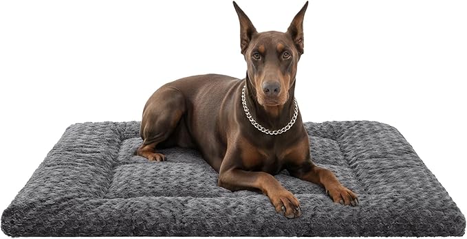 Exsnugy Washable Dog Bed Mat Large Size Fluffy Pet Crate Pad 53x36 XXL | Non-Slip Bottom Kennel Beds Ultra Soft Comfy Sleeping Mattress for Large Medium Small Dogs Gray