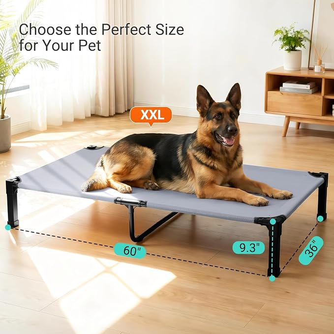 Elevated Outdoor Dog Bed, Raised Dog Bed with Steel Framed 60in | Cooling Elevated Pet Cot with Non-Slip Feet, and Waterproof, Washable, Breathable Teslin Mesh