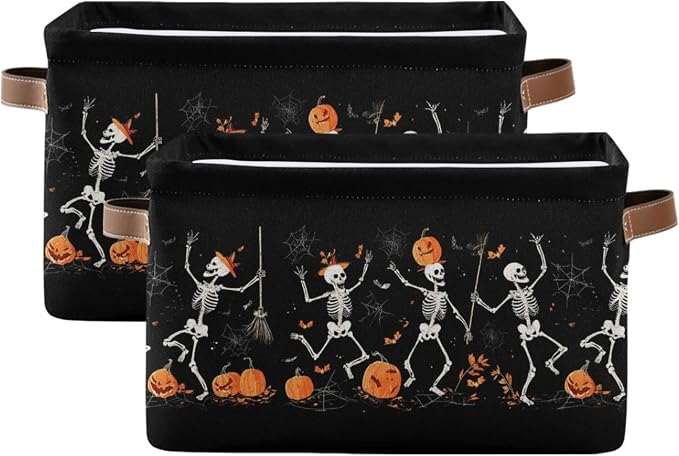 Halloween Skeleton Black Storage Basket with Waterproof Liner and PU Handles Spooky Skull Pumpkin Storage Bins Boxes 14.2" Collapsible Decorative Organizer Baskets for Bedroom Closet Office 2 Pack