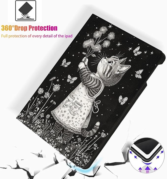 for Microsoft Surface Pro 7 Plus,Surface Pro 7/6/5/4 12.3" Tablet Case,Auto Wake/Sleep,Adjustable Stand Protective Cover - Cartoon Cat Dandelion