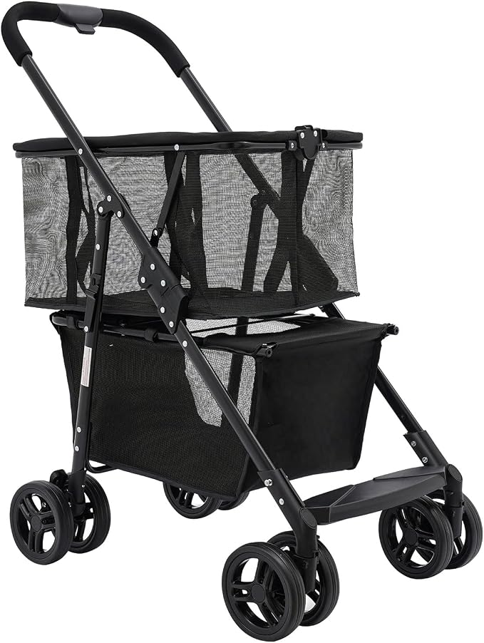 2-in-1 Folding Shopping Cart & Pet Stroller, Lightweight Grocery Cart with 360° Swivel Wheels & Detachable Carry Bags, Multi Use Utility Carts Portable Trolley for Shopping, Picnic and Office, Black