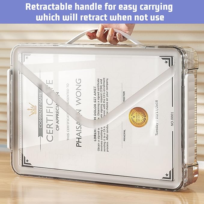 Marte Vanci Plastic Storage Bin with Lid Portable Project Case with Handle Clear Storage Box File Document Protector Stackable Container for A4 Letter Paper Photo Craft Scrapbook（White Handle）