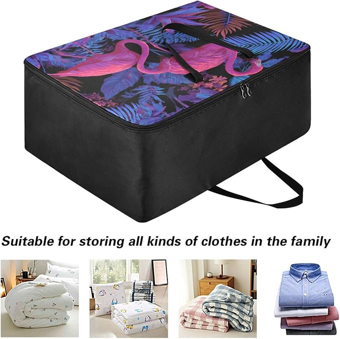 Comforter Storage Bags Large Folding Blanket Organizer Bag with Strong Handles Clear Window Closet Storage Containers for Clothes King Queen Pillows Bedding Quilt Duvet Blue Purple Flamingo Pal