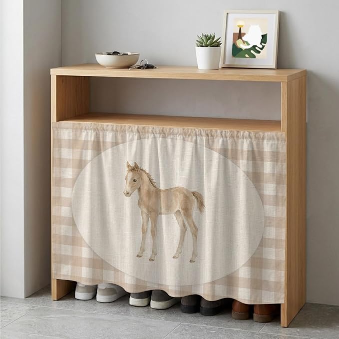 Graceful Pony Cabinet Dishwasher Hidden Curtains, Privacy Closet Door Curtain, Retro Natural Horse Farmhouse Plaid Rustic Adhesive Dust Proof Under Sink Skirt for Bathroom Kitchen 35"x35"