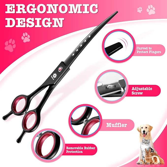 Dream Reach Dog Grooming Scissors - 7" Professional 6 in 1 Sharp Dog Shears Set Thinning, Chunker, Straight, Curved Shears and Comb for Dog Cat Pet, Pink