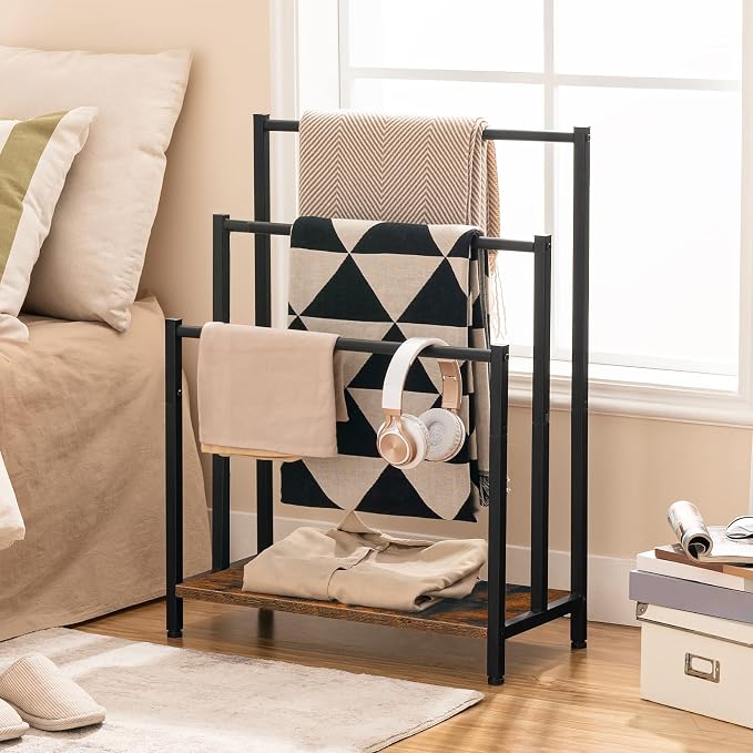 HOOBRO Free Standing Towel Rack, 3 Tier Blanket Rack, Blanket Holder for Bathroom, 23.6" L x 11" W x 31.9" H, Industrial Metal Drying and Display Rack with Shelf, Rustic Brown and Black BF06LB01