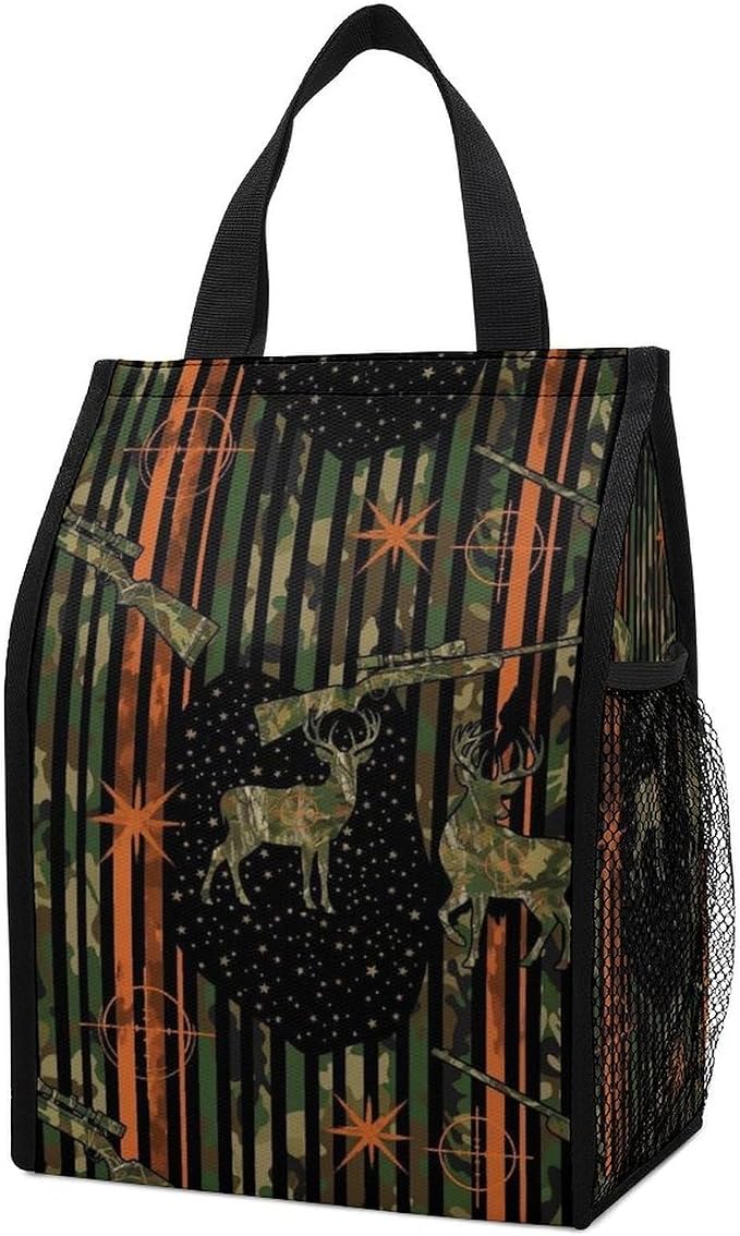 Portable Lunch Bag for Adults Reusable Thermal Lunch Totes Compatible with Camouflage Fall Hunting Deer Camo American Flag Insulated Lunchbox Food Containers Organizer