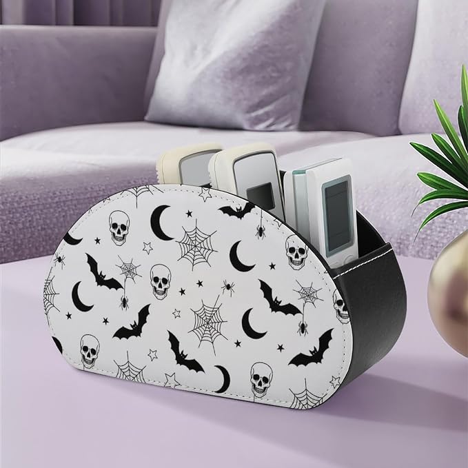 Remote Control Holder Gothic Skull Bat Web 5-Slot Office Storage Caddy Box | Makeup Brush Organizer, Pu Leather, Gothic Skull Bat Spider Web Moon Art Desktop Accessory for TV Remotes Media Player