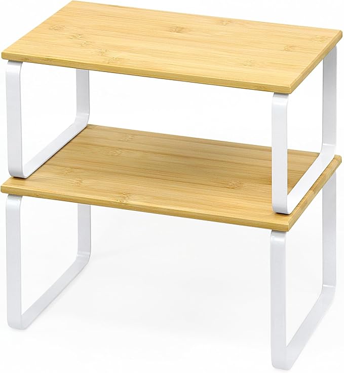 JMLHMXC Cabinet Storage Rack, 2-Piece Kitchen Countertop Shelf, Kitchen Storage Rack, Spice Rack, Stackable, Expandable - White Legs
