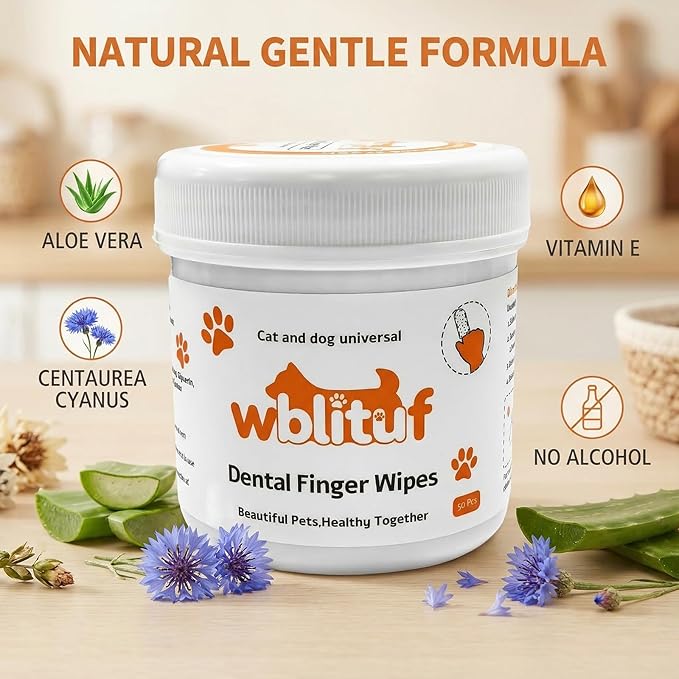 Dog Dental Wipes and Dog Teeth Cleaning Wipes, Puppy Tooth Brushing Kit Alternative for Dental Wipes for Dogs Teeth and Cat Tooth Brush Use, Non Woven Lick Safe No Rinse, 50 Count