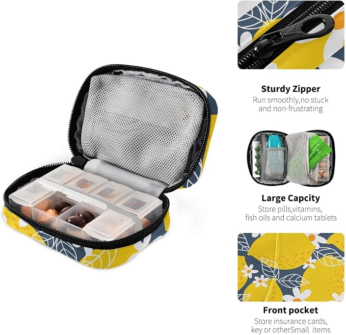 Lemon Fruits Weekly Pill Organizer, Pill Cases Bag Portable Pill Container 7 Days Cute Pill Box Organizer Vitamin Supplement Holder with Zipper for Travel Family Business Camping