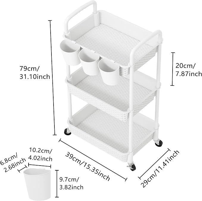 MOYIPIN 3-Tier Plastic Rolling Utility Cart with Handle,White | Utility Storage Cart for Office, Living Room, Kitchen,Movable Storage Organizer，Easy installation，Rattan-like art design