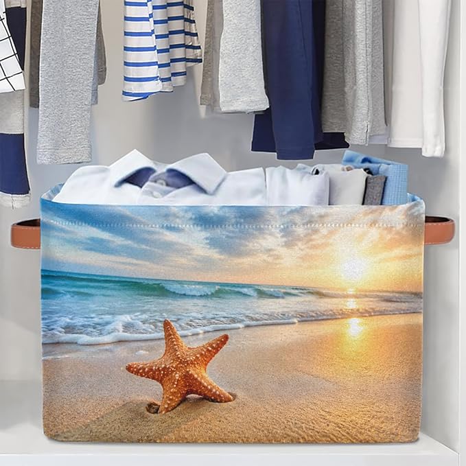 Pardick Beach Basket Storage Bins Rectangle Canvas Basket Cube Storage Box | Nursery Foldable Basket with Handle for Kids Girls Boys Toys Living Room Closet Organizer Shelf Gifts Starfish Nautical