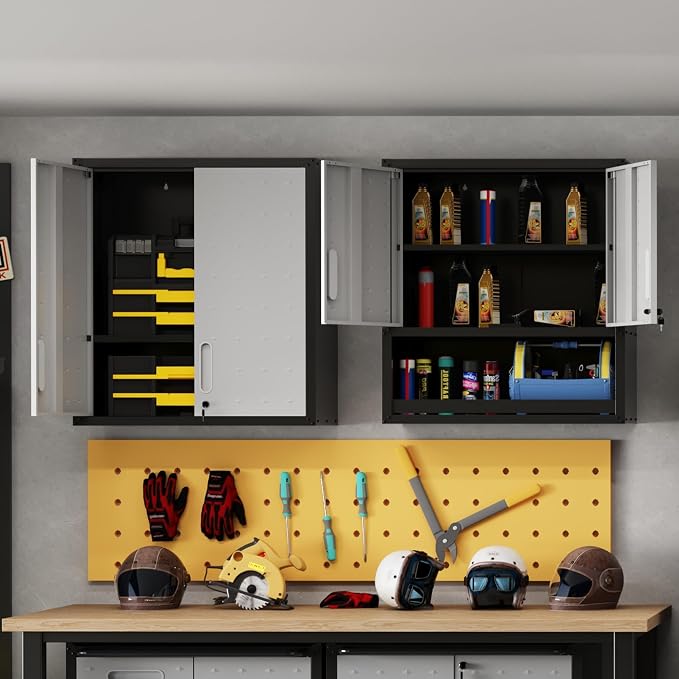 Garage Wall Cabinet Metal Storage Cabinet with Lockable 2 Doors | Wall Mounted Heavy Duty Steel Tool Cabinet Hanging Cabinet for Garage Warehouse Bathroom Kitchen,Assembly Required