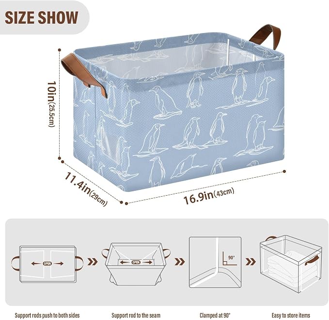 Light Blue Line Drawn Penguin Storage Basket Foldable Cube Storage Bins with Handles&Label Waterproof Organizer Box Bin Large Rectangle Decorative Baskets for Shelves Home Room Laundry-2 Pack