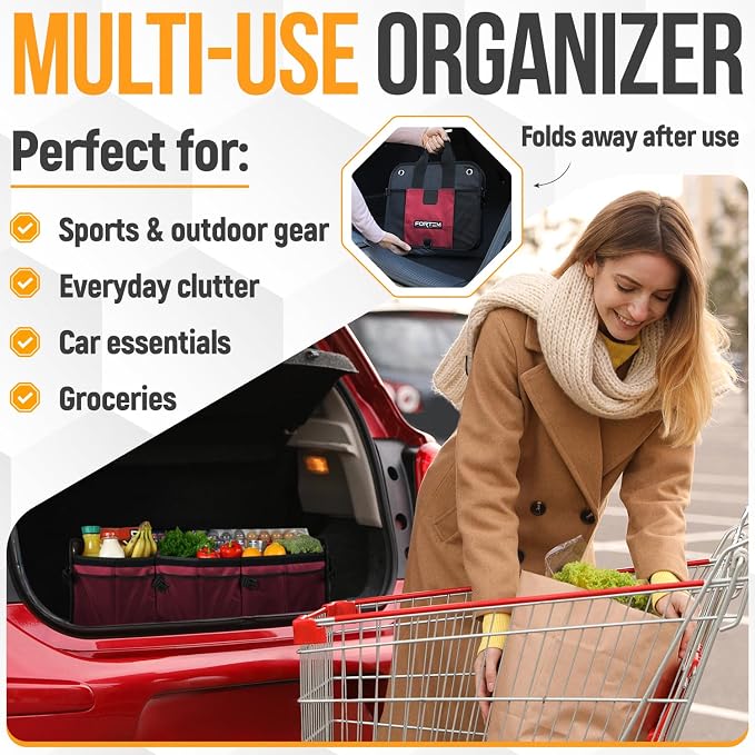 FORTEM Trunk Organizer - Collapsible Car Organizer & Storage Bag for SUVs | Car Accessories for Men & Women, Cooler Bag, Non Slip Bottom, Straps, Soft Cover, 1680D Oxford, 6 Compartments, Red, 110L