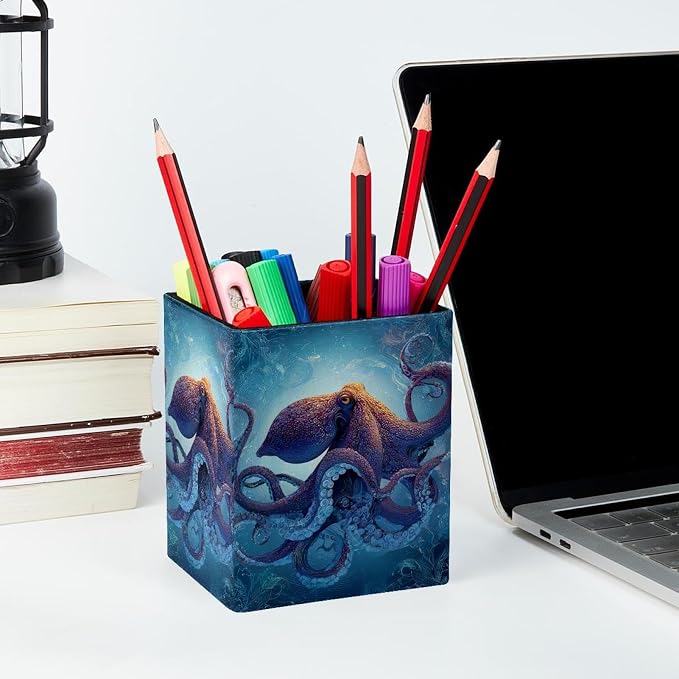 octopus Pen Holder for Desk Decor, Rectangular PVC Leather Pencil Cup for Desk Pen Organizer, Makeup Brush Holder for School, Home, Office