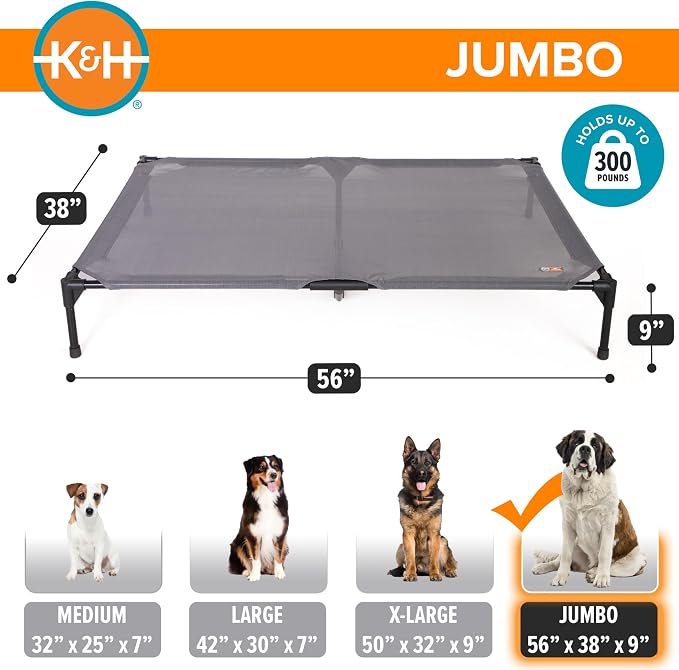 K&H Outdoor Elevated Dog Bed, Cooling Raised Dog Bed, Jumbo 56x38in, Gray | Pet Cot for Extra Large & Giant Pets, Breathable Mesh 360 Hammock Design, Indoor/Outdoor Washable Cover, Portable Metal Frame