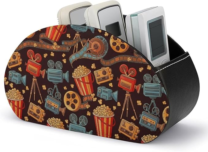 Leather Remote Control Holder Movie Theater Popcorn Office Desk Organizer | with 5 Compartments, Movie Theater Cinema Popcorn Caddy Storage Box for TV Remotes, Media Controllers, Makeup Brush