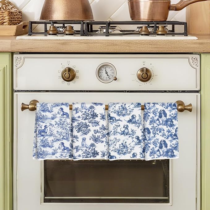 4Pcs Chinoiserie Dog Kitchen Towels, Blue and White Floral Botanical Dish Tea Towels, Grand Millenial Dog Lover Gifts Hand Towel for Kitchen Bathroom Decor, Golden Retriever Cavalier Spaniel Dachshund
