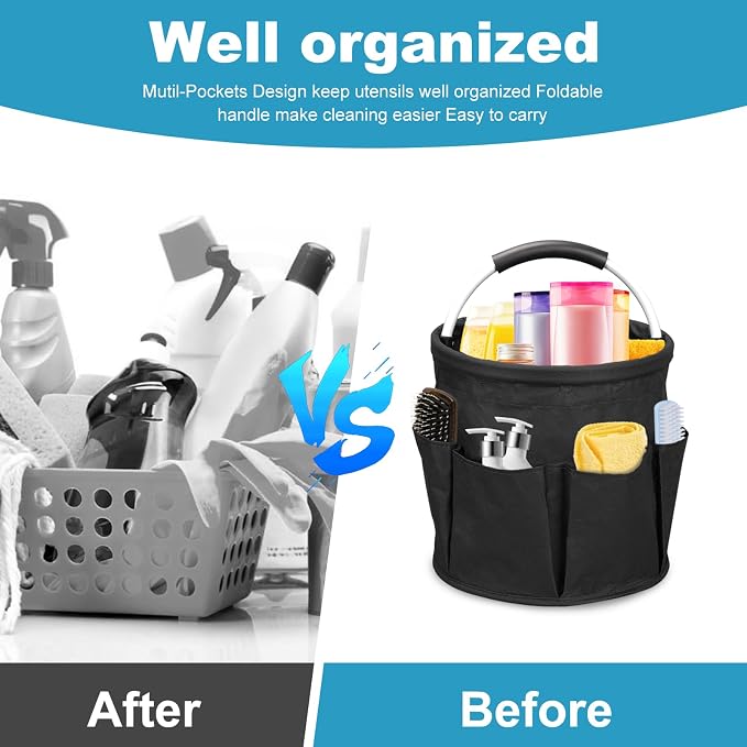 17L Portable Cleaning Bucket Organiser, 6 Pockets Foldable Cleaning Caddy with Handle Wearable Cleaning Caddy Bag for Outdoor Camping Garden Harvest Basket Home Bathroom Storage (Black)