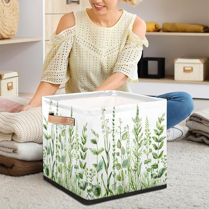 Sage Green Leaves Cube Storage Bin, 13 Inch Collapsible Fabric Storage Bin, Spring Eucalyptus Foldable Cube Baskets for Shelf, Closet, Organizer