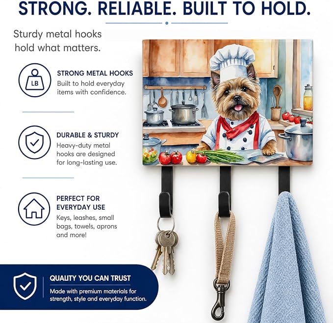 Caroline's Treasures Cairn Terrier The Chef Leash or Key Holder Wall Hooks, Key Hooks Holder, Coat Rack Wall Mount, Coat Hooks, Hooks for Hanging Keys, Towels, Aprons, Leashes | Cairn Terrier The Chef artwork on ceramic tile with three steel hooks for ...