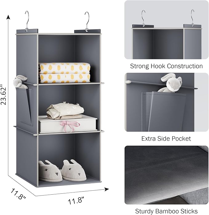 YOUDENOVA Hanging Closet Organizer and Storage for Clothes, 3-Shelf, Grey | Locker/RV/Camper Organizer, Side Pocket, Hanging Shelves for Small Closet, Dorm Room Essentials for Guys, Breathable Fabric