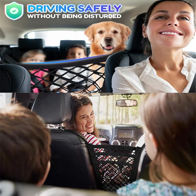 DYKESON Dog Car Net Barrier with Mesh Organizer, Pet Divider for Cars, SUVs | Upgraded Pet Barrier With Stretchable Storage Bag Pouch，Auto Backseat Net, Pet kids Safety Divider, Easy Install (3 Layer S)