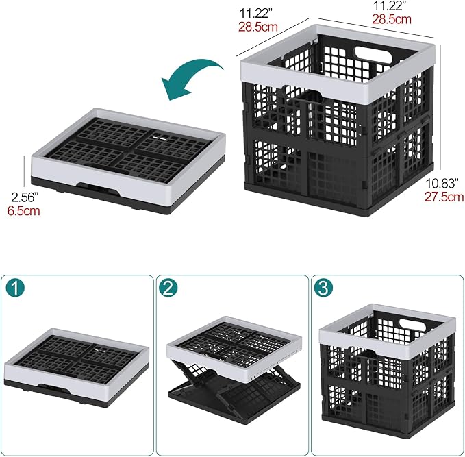 Sandmovie 3 Packs Collapsible Storage Crates, 18 L Square Foldable Crate | Stackable Plastic Organizer Bins for Closet, Pantry, Garage, Car Trunk, Office, Black