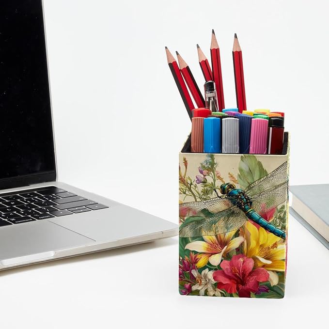 Retro Dragonfly Pen Holder for Desk Decor, Rectangular PVC Leather Pencil Cup for Desk Pen Organizer, Makeup Brush Holder for School, Home, Office