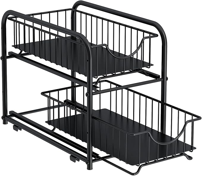 2-Tier Pull Out Organizer Under Sink Sliding Cabinet Rack,Black | Stackable Sliding Storage Drawer organizer with adjustable height and anti slip pad. Kitchen,Office or Cabinet Storage