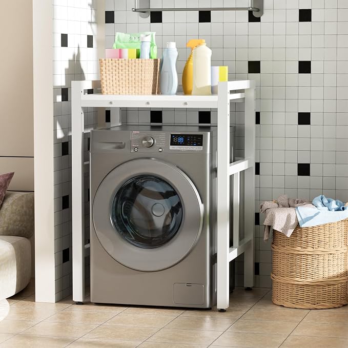 Washer Dryer Stacking Rack, 550lbs Capacity Heavy Duty Washing Machine Storage Utility Rack with Countertop, Height Adjustable Washing Machine Shelf for Laundry Rooms Bathrooms (B)